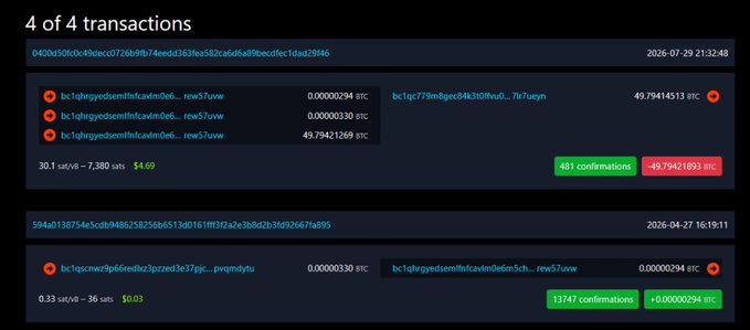 A cryptocurrency transaction page showing 4 of 4 transactions including amounts like 0.00000294 BTC, 0.00000330 BTC, and 49.79421269 BTC, with one transaction showing 401 confirmations and another showing 33747 confirmations.