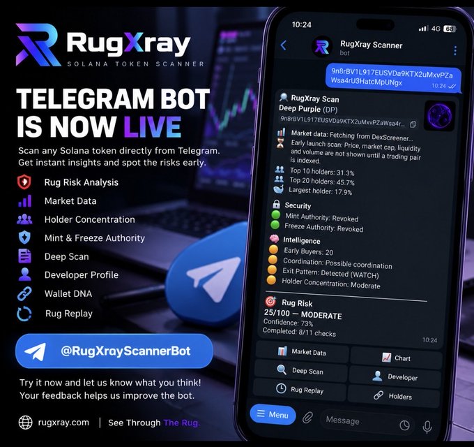 A promotional advertisement for 'RugXray', a Telegram-based Solana token scanner, showing a phone screen displaying a token scan result for 'Deep Purple (DP)' with a moderate rug risk rating of 25/100.