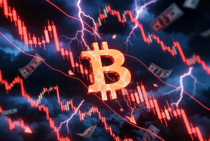 The image shows a Bitcoin symbol with a lightning bolt above it, set against a dark blue sky with red lines representing stock market fluctuations. The Bitcoin price has shown significant volatility over the years, with numerous crashes and drawdowns. One of the articles on Portfolio Lab indicates that there have been 16 distinct price plunges at least 20% or more in history, with four of those occurring within the last 15 years. Additionally, three more recent crashes were around 50%. The image appears to be a visual representation of Bitcoin's volatile nature and its connection to financial markets' fluctuations.