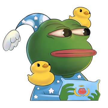 A Pepe the Frog character in a starry blue nightcap and pajamas appears sleepy, with a small yellow duckling perched on his head and another beside him, alongside a bottle labeled "PEPE." The sticker set humorously illustrates the "sleep" and "birth" states mentioned in the post, tying into the PepeExplorers contest by TrystanNFT.