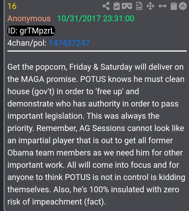 A 4chan/pol post from 10/31/2017 by Anonymous (ID: grTMpzrL) claiming POTUS is fully insulated with zero risk of impeachment and that AG Sessions won't pursue Obama team members.