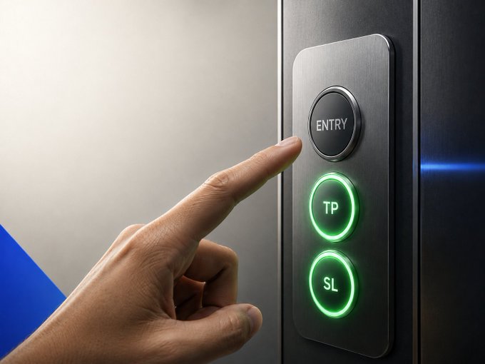 A hand presses the "ENTRY" button on a sleek metallic panel, while two buttons below labeled "TP" and "SL" glow green—visually echoing the trading wisdom to set your take-profit (TP) and stop-loss (SL) exits before opening a position.