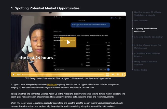 A screenshot of a blog post or video tutorial titled '1. Spotting Potential Market Opportunities,' showing a woman presenting how she uses Binance Agent OS to research crypto market data.