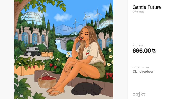 A digital illustration of a woman eating strawberries in a greenhouse with wind turbines, titled 'Gentle Future' by @Rojinpg, sold for 666.00 ₮ on objkt.