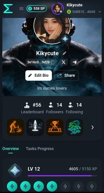 The image shows a phone screen displaying information about an online game called "Rank". The player's name, "Kikuyute", is displayed along with their rank, which is 56. They have completed a task that earned them a total of 585 XP points. Additionally, they are a leaderboard follower and have been recognized as the #56 leaderboard followers.
