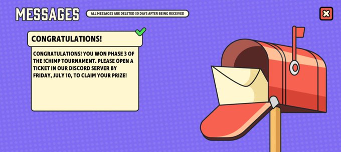 A 'Messages' screen congratulating the recipient for winning Phase 3 of the iChimp Tournament, directing them to open a ticket in the Discord server to claim their prize.