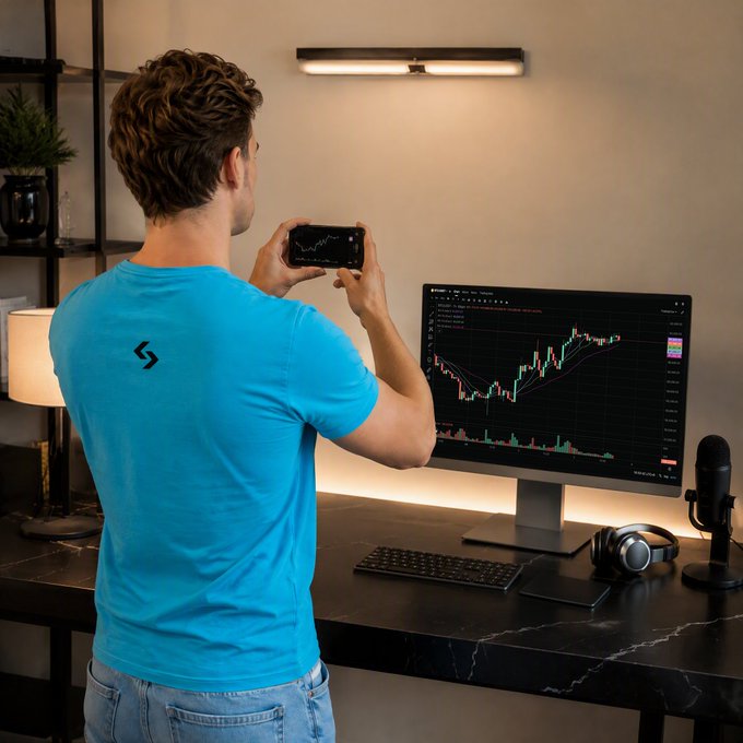 A man in a teal t-shirt stands at a desk photographing a stock chart on his monitor, which displays candlestick patterns and a "200" price level with volume bars below. The image visually reinforces the caption "When it's time to take profits..." by capturing the decisive moment of documenting gains before cashing out of a winning trade.