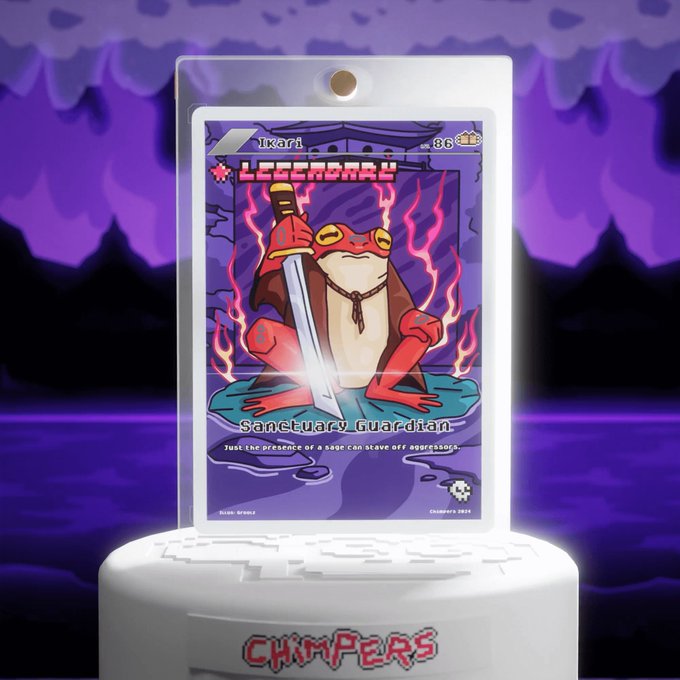 A collectible NFT trading card titled 'Sanctuary Guardian' featuring a sword-wielding frog character, displayed on a 'CHIMPERS' branded base.