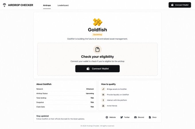 The image shows a screenshot of an Airdrop Checker page dedicated to the Goldfish cryptocurrency. It appears that the page is promoting the distribution of 300 million tokens to the community, with 30% of the total token supply reserved for users who participate in the Airdrop Checker process. The post suggests that the checker has already been updated and will go live soon, potentially providing users with an opportunity to receive these tokens and become a part of the growing community using Goldfish as their cryptocurrency.