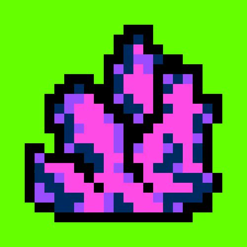 Pixel art illustration of pink and purple crystal or flame-like clusters on a bright green background, rendered in a retro 8-bit style.