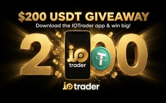 The image is a promotional graphic for a "$200 USDT GIVEAWAY" featuring large golden "200" numerals, a smartphone displaying the "io trader" app logo, and a green USDT (Tether) coin, with instructions to download the IOTrader app to win, matching the accompanying post about 20 winners and a total $200 USDT prize pool.