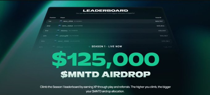 A promotional graphic for a '$125,000 $MNTD AIRDROP' displaying a 'LEADERBOARD' with rankings and 'SEASON 1 - LIVE NOW' text.