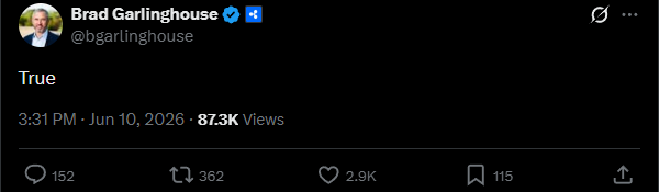 The image features a Twitter post by Brad Garlinghouse, who has tweeted about Bitcoin. He has tagged @True with his account handle. The post includes a screenshot of an image that says "Continued Patience". This message seems to be related to the Bitcoin post and is meant to convey a sense of patience or persistence in the face of challenges or setbacks.