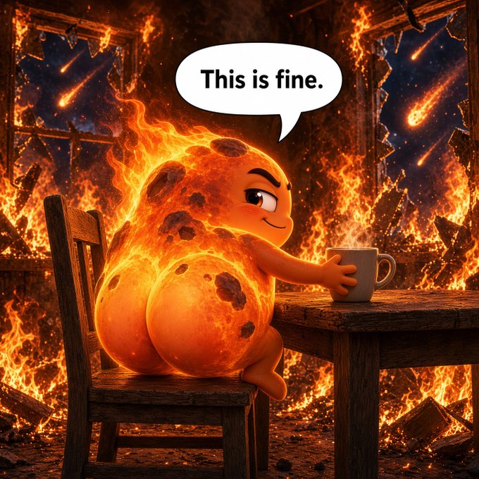 A 3D-rendered cartoon character that resembles a burning meteor or comet sitting at a wooden table drinking from a mug while surrounded by flames, with a speech bubble reading "This is fine."