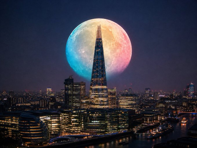 A nighttime cityscape featuring the Shard skyscraper in London, dramatically backlit by an enormous, colorful full moon.