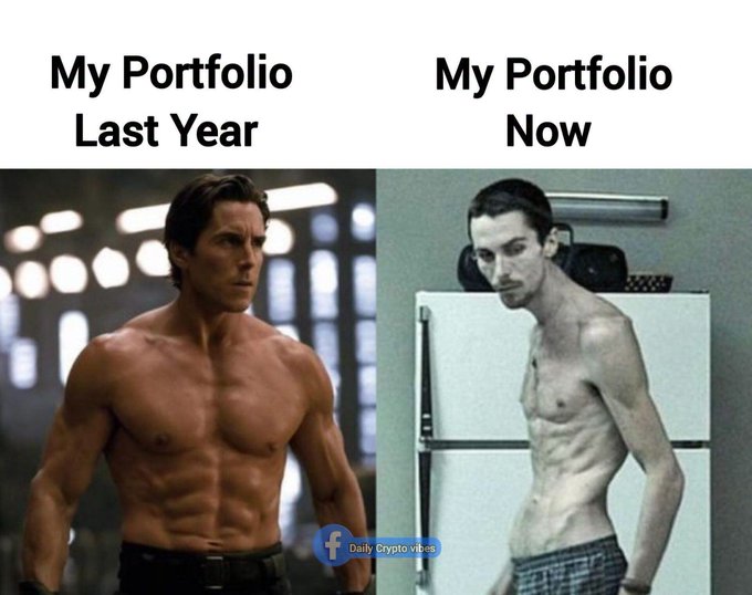 A 'My Portfolio Last Year vs. Now' meme contrasting a muscular Christian Bale as Batman with a thin, gaunt figure, watermarked 'Daily Crypto vibes'.