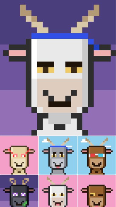Pixel art featuring a goat character with horns and a blue headband, displayed prominently with six smaller goat variants shown below in different colors and designs.