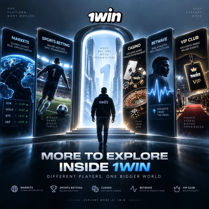 An advertisement for "1win" betting platform featuring a silhouette figure walking through an arched doorway surrounded by panels advertising Markets, Sports Betting, Casino, Betwave, and VIP Club.