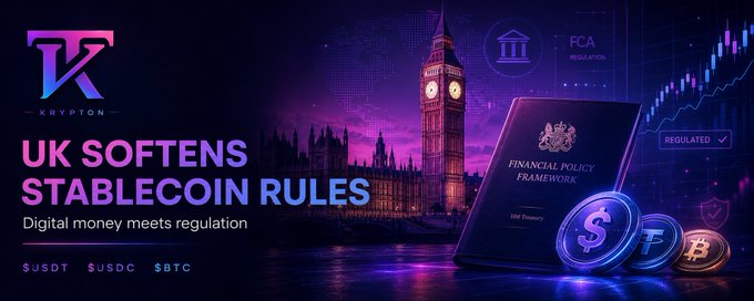 A promotional graphic for Krypton's "UK Softens Stablecoin Rules" article features a dark, neon-lit London skyline with Big Ben alongside a Financial Policy Framework document, FCA Regulation icon, and stablecoin/coin visuals (USDT, USDC, BTC), reinforcing the post's message that the UK is easing stablecoin oversight and shifting digital money toward regulated status.