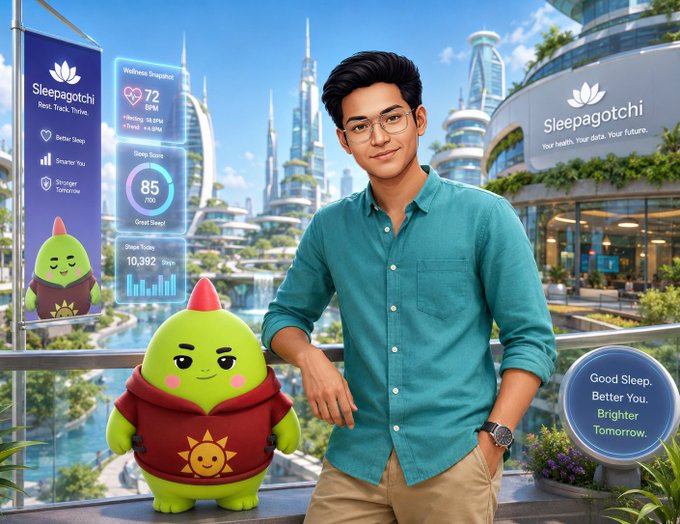 A promotional graphic featuring a young man in a blue shirt standing next to a green creature mascot, with visible text reading 'Sleepagotchi', 'Rest. Track. Thrive.', 'Wellness Snapshot 72 BPM', 'Sleep Score 85', 'Steps Today 10,392', and 'Good Sleep. Better You. Brighter Tomorrow.'