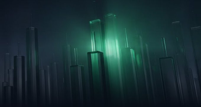 An abstract digital artwork featuring dark, rectangular pillars or monoliths standing in a misty environment, illuminated by a glowing green light from behind.
