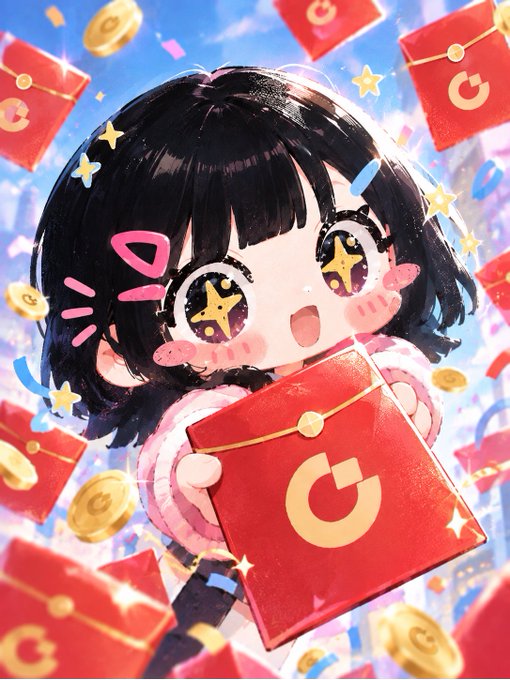 An anime-style chibi character with short black hair and sparkling star eyes excitedly holding a red envelope with a 'G' logo, surrounded by floating red envelopes and gold coins against a festive city backdrop.