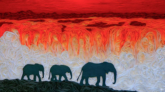 A stylized, swirling landscape painting featuring three silhouetted elephants walking beneath a dramatic red and orange sky, with white, wave-like textures in the foreground.