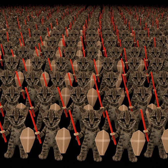 A repeating pattern of numerous identical kittens holding red sticks and shields, resembling a cartoon army formation.