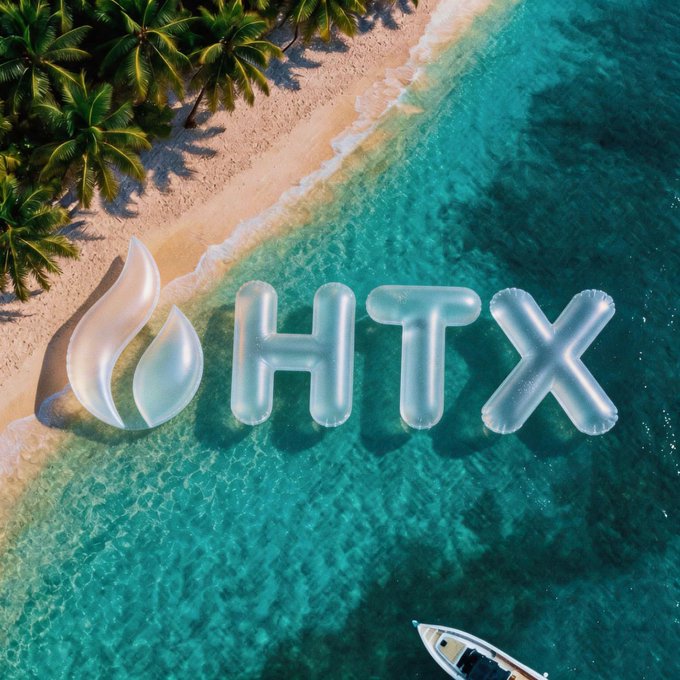 Aerial view of a tropical beach with palm trees and turquoise water, featuring large translucent "HTX" lettering (likely representing the HTX token) floating over the shoreline alongside a small boat.

The image's beachy, refreshing vibe contrasts with the post's "Americano" coffee theme, but the "HTX" branding ties it to a crypto greeting to "fire partners," pairing a vibrant tropical scene with a casual "GM" (good morning) message to the community.