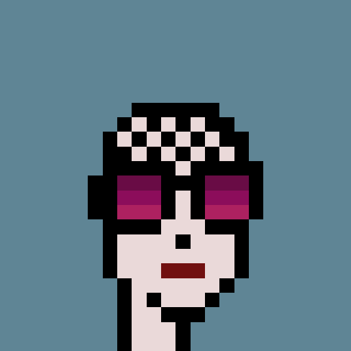 A pixel art illustration of a face with pink checkered hair and purple eyes against a teal background.