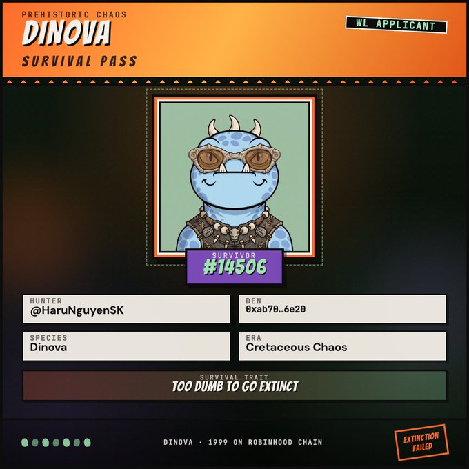 A 'DINOVA SURVIVAL PASS' NFT card from 'PREHISTORIC CHAOS' showing survivor #14506, a blue dinosaur character with goggles, belonging to @HaruNguyenSK, species 'Dinova', era 'Cretaceous Chaos', with survival trait 'TOO DUMB TO GO EXTINCT' and marked 'EXTINCTION FAILED'.