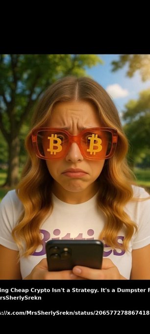 A woman wearing orange Bitcoin-logo sunglasses looks down at her phone with a skeptical expression, accompanied by text reading "Cheap Crypto Isn't a Strategy. It's a Dumpster" by MrsSherlySrekn.