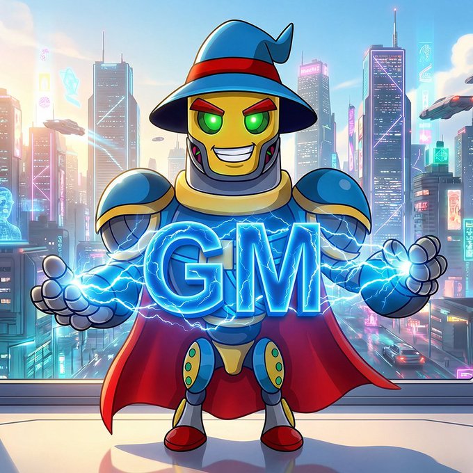 A cartoon superhero robot character with a blue hat and red cape stands before a futuristic city skyline, holding glowing blue letters that spell 'GM'.