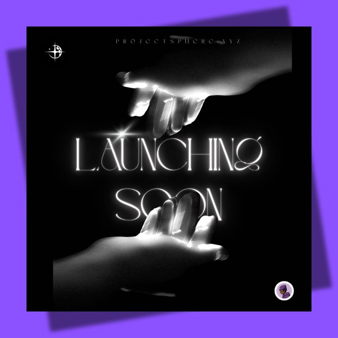 A stylized black-and-white poster with glowing hands reads “PROJECT SPHEROXYZ” and “LAUNCHING SOON,” placed on a purple background.