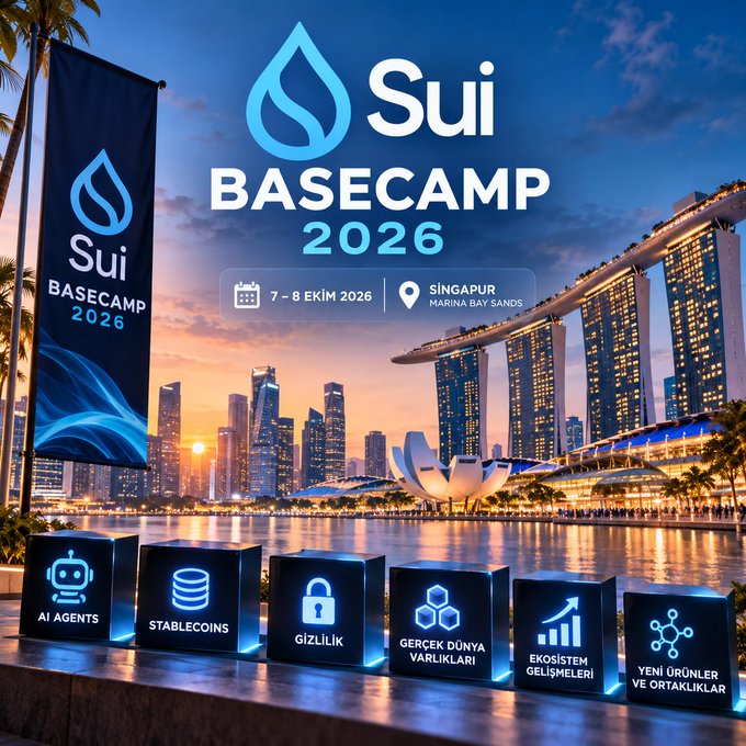 Promotional banner for "Sui Basecamp 2026," set against the Singapore Marina Bay Sands skyline at sunset, announces the event taking place October 7–8, 2026, with featured agenda topics including AI Agents, Stablecoins, Gizlilik (Privacy), Gerçek Dünya Varlıkları (Real World Assets), Ekosistem Gelişmeleri (Ecosystem Developments), and Yeni Ürünler ve Ortaklıklar (New Products and Partnerships). The image ties directly to the post's emphasis on the convergence of AI and crypto within the $SUI ecosystem at this flagship gathering.