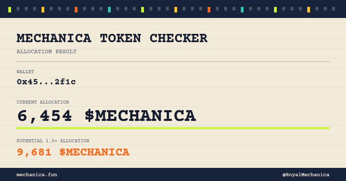 A 'MECHANICA TOKEN CHECKER' interface displays a wallet address '0x45...2f1c' with a current allocation of 6,454 $MECHANICA and a potential 1.5x allocation of 9,681 $MECHANICA, branded with mechanica.fun and @RoyalMechanica.