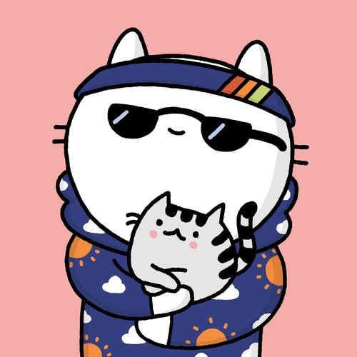 A cool-looking cartoon cat wearing sunglasses and a cloud-patterned hoodie holds a smaller smiling cat while a "BUY" message appears between them. The image humorously reflects the post's theme of crypto whales accumulating NFTs in large numbers, suggesting confident "buying" activity in the market.
