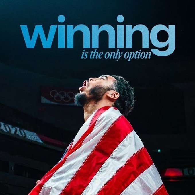 A motivational poster showing an athlete draped in an American flag looking upward with the text 'winning is the only option' in large blue letters, with Olympic rings visible in the background.