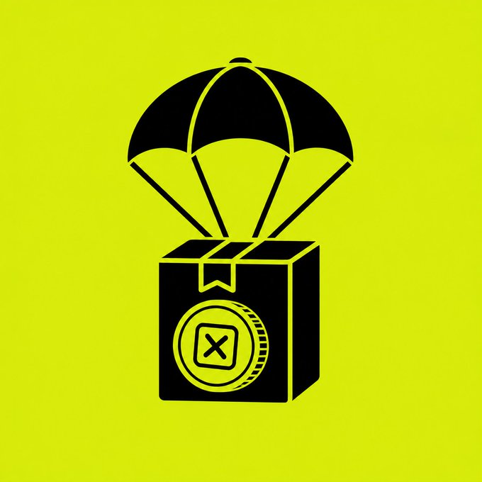 Black icon illustration of a parachute descending toward a package with an X mark, set on a yellow background.