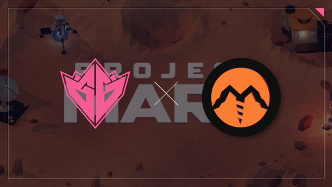 A promotional graphic showing a partnership 'Project Mars' between a pink geometric logo and an orange mountain emblem with a pickaxe, set against a Mars-like landscape.