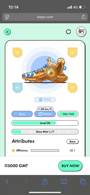 A screenshot from the STEPN app showing a Rare Trainer sneaker NFT at Level 20 with 100/100 durability, priced at 115000 GMT, with attributes including Efficiency at 32.1—reflecting the post's expression of wanting to purchase this in-game item.