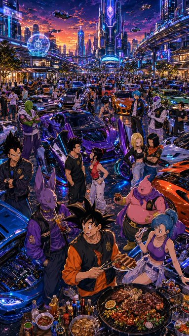 A vibrant cyberpunk cityscape illustration featuring anime characters (including Vegeta, Goku, Bulma, and Beerus) at a bustling car meetup with food spread out and neon-lit skyscrapers in the background.