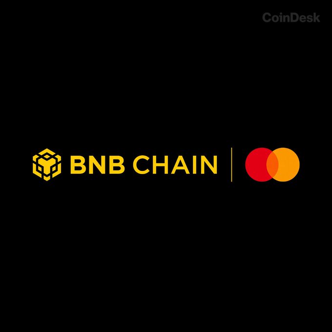 The image displays the BNB Chain and Mastercard logos side by side on a black background, with the CoinDesk watermark in the top right corner, visually representing their new partnership. This aligns with the announcement that BNB Chain is joining Mastercard's Crypto Partner Program to integrate blockchain technology with Mastercard's payments network for stablecoin payments, remittances, and digital asset on/off ramps.
