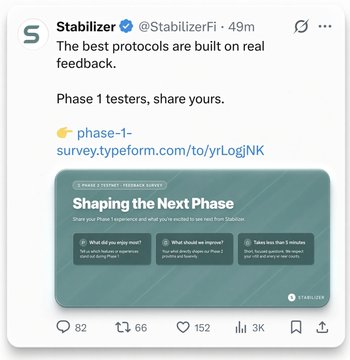 A tweet from Stabilizer (@StabilizerFi) posted 49 minutes ago shares the Phase 1 Testnet Feedback Survey (phase-1-survey.typeform.com/to/yrLogjNK), featuring a graphic titled "Shaping the Next Phase" that invites users to share their experiences and suggest improvements, with engagement metrics showing 82 comments, 66 reposts, 152 likes, and 3K views.