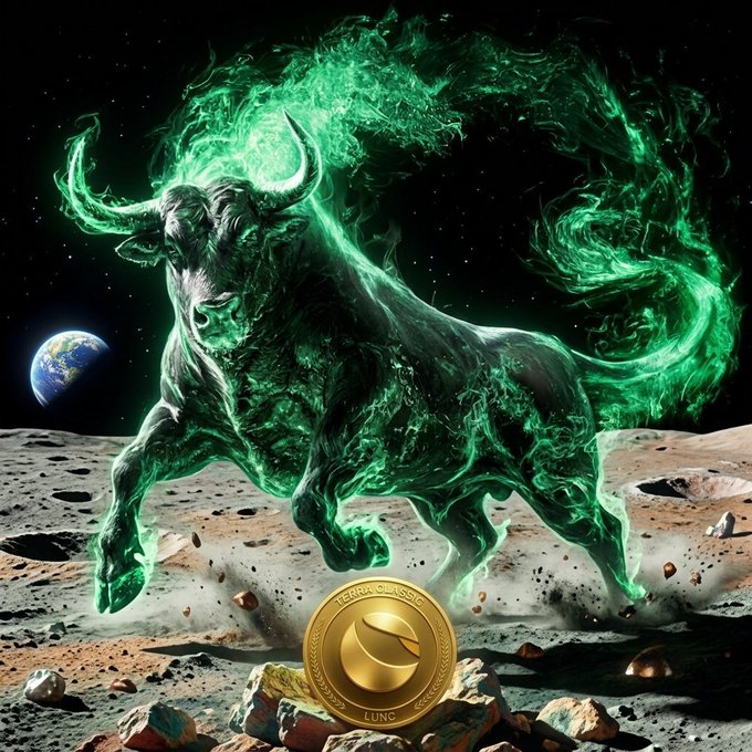 A glowing green bull made of fiery energy stands on rocky terrain with Earth visible in the dark space background, with a gold 'Terra Classic LUNC' coin in the foreground.