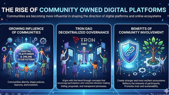"The Rise of Community Owned Digital Platforms" is the title displayed at the top, while "The Rise of Community Owned Digital Platforms Communities are becoming more influential in shaping the direction of digital platforms and online ecosystems". The caption provides further context on what's being shown in the image.