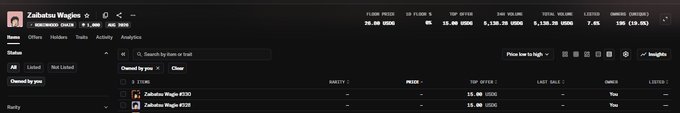 A dark-themed NFT marketplace profile for "Zaibatsu Wagie" showing a floor price of 26 ETH, with listings including "Zaibatsu Wagie #330" and #320 at 15 ETH, aligning with the post's claim about a recent FOMO-driven price surge from $2 to $26.