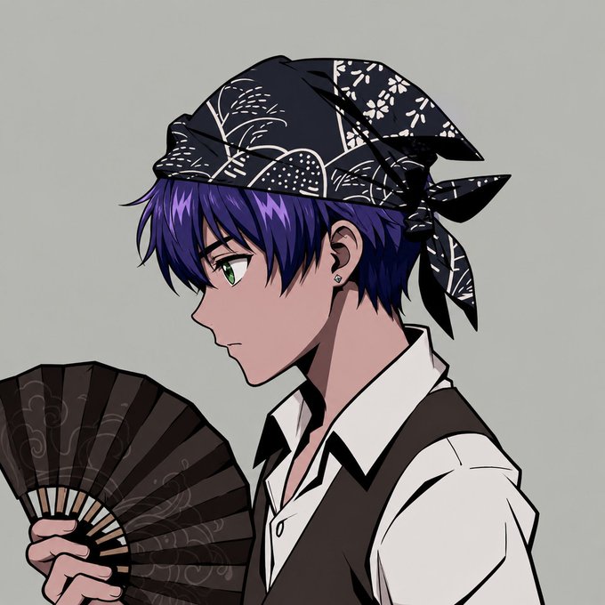 An anime-style illustration of a young man with purple hair and green eyes, wearing a dark patterned bandana and holding a black folding fan.