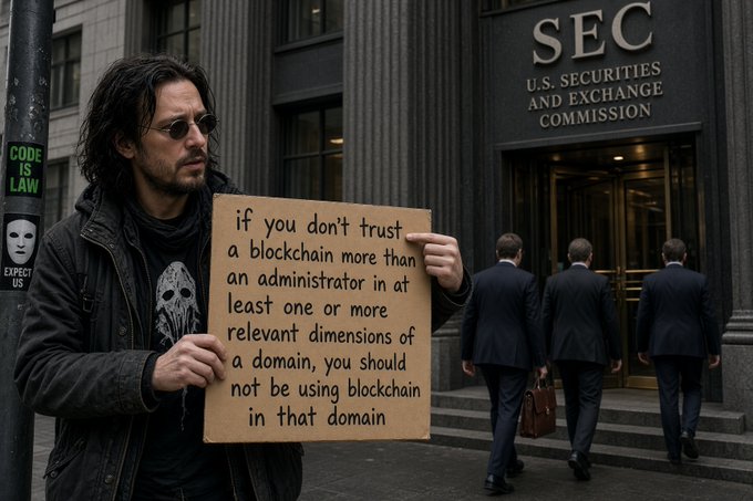 A scene outside the SEC (U.S. Securities and Exchange Commission) building where a man with sunglasses holds a cardboard sign reading 'if you don't trust a blockchain more than an administrator in at least one or more relevant dimensions of a domain, you should not be using blockchain in that domain', while suited individuals walk into the building.