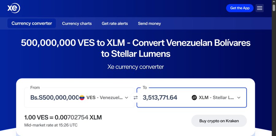 A Xe currency converter screenshot shows 500,000,000 Venezuelan Bolívares (VES) converting to 3,513,771.64 Stellar Lumens (XLM) at a rate of 1.00 VES = 0.00702754 XLM, illustrating the VES-to-XLM pairing highlighted in the post about digital asset pairings gaining value ahead of a potential "RV."